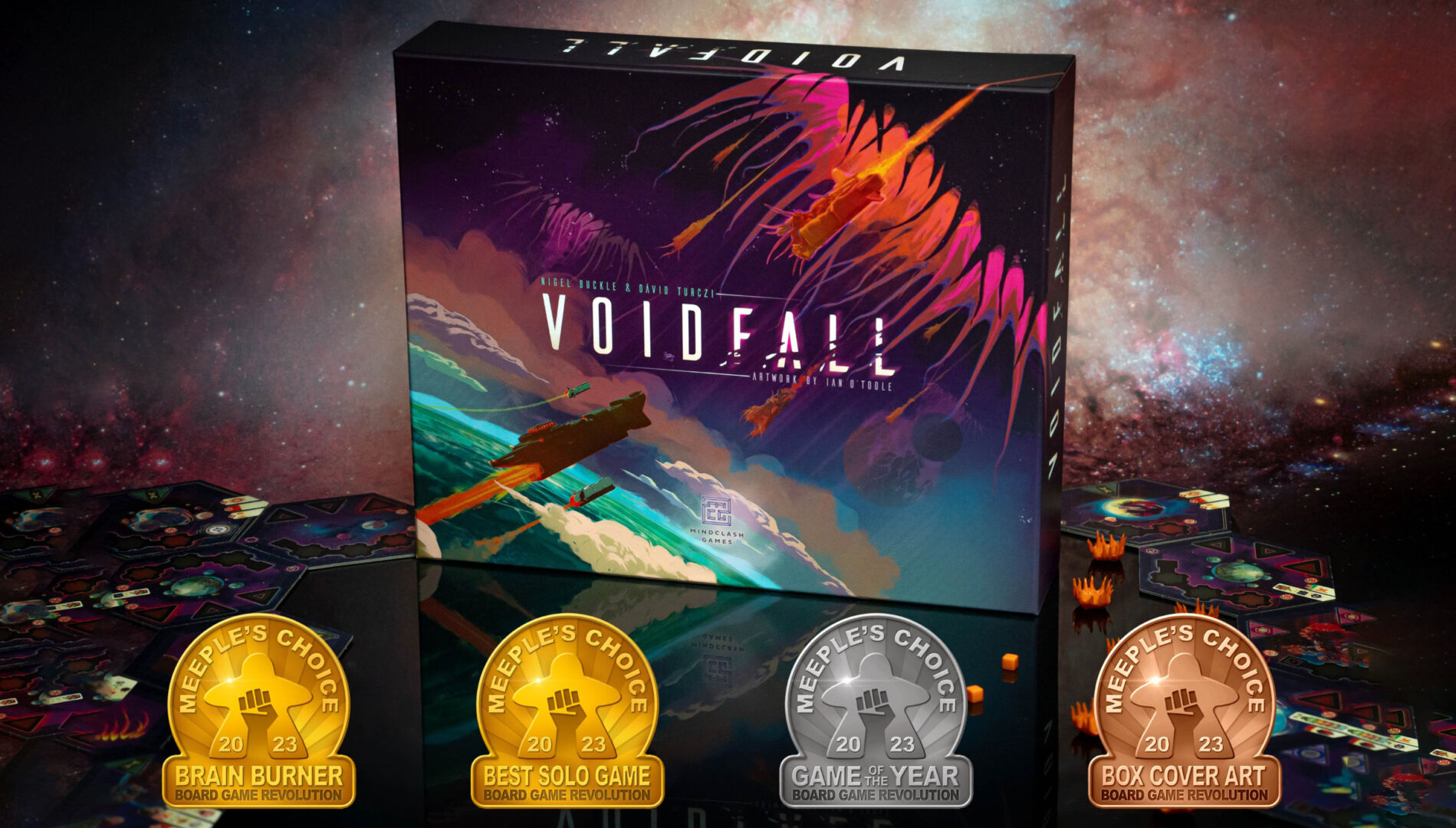 Voidfall wins Solo and Brain Burner categories at the Board Game Revolution Meeple's Choice Awards!