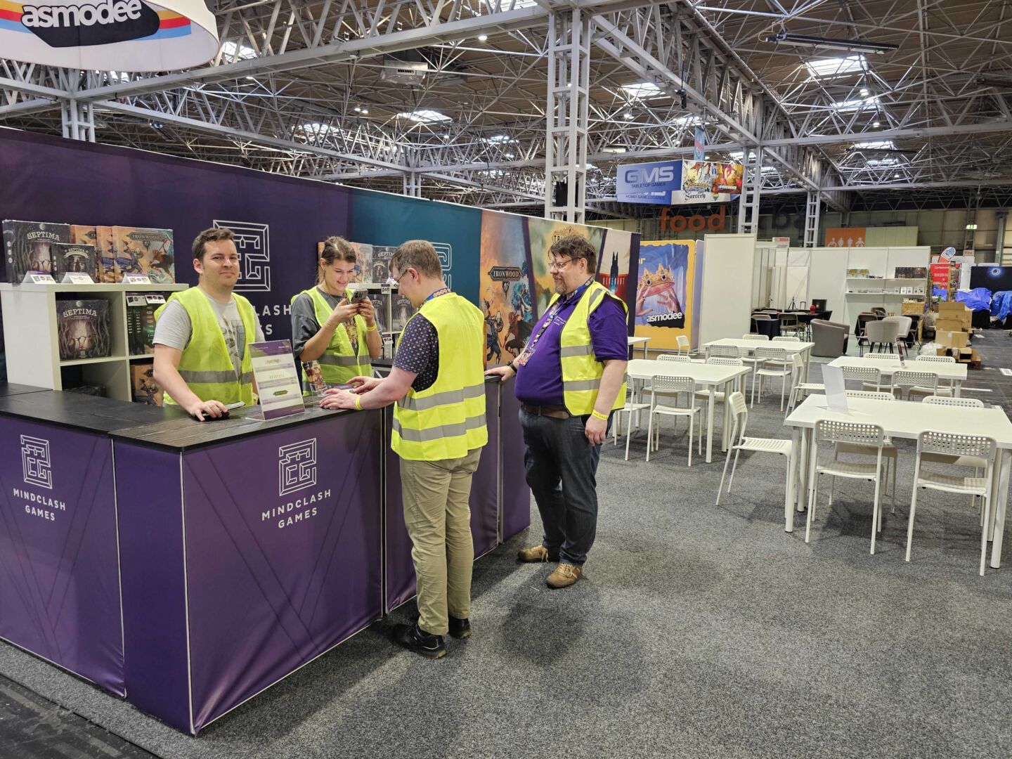 Mindclash Games booth on setup day at UKGE
